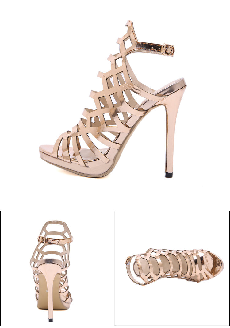 Aneikeh Patent Leather Gladiator Golden Sexy Hollow Out Sandals Party Shoes