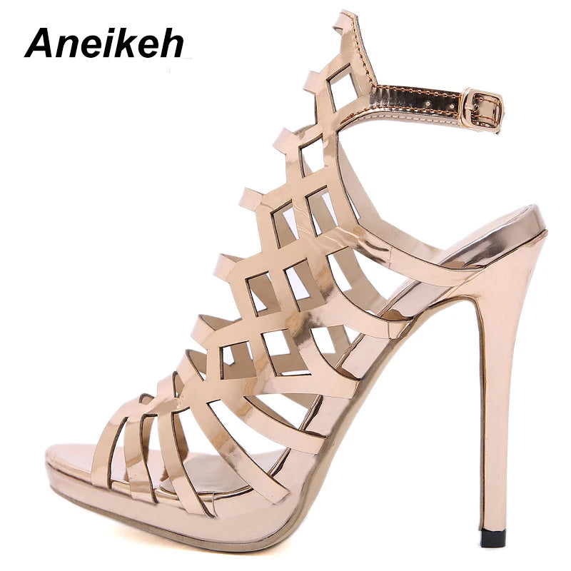 Aneikeh Patent Leather Gladiator Golden Sexy Hollow Out Sandals Party Shoes