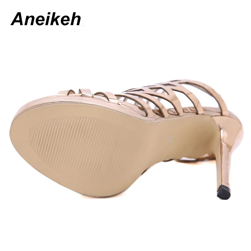 Aneikeh Patent Leather Gladiator Golden Sexy Hollow Out Sandals Party Shoes