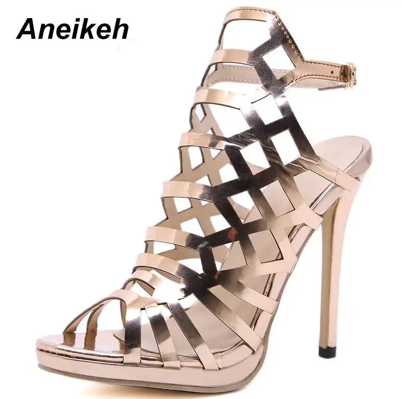 Aneikeh Patent Leather Gladiator Golden Sexy Hollow Out Sandals Party Shoes