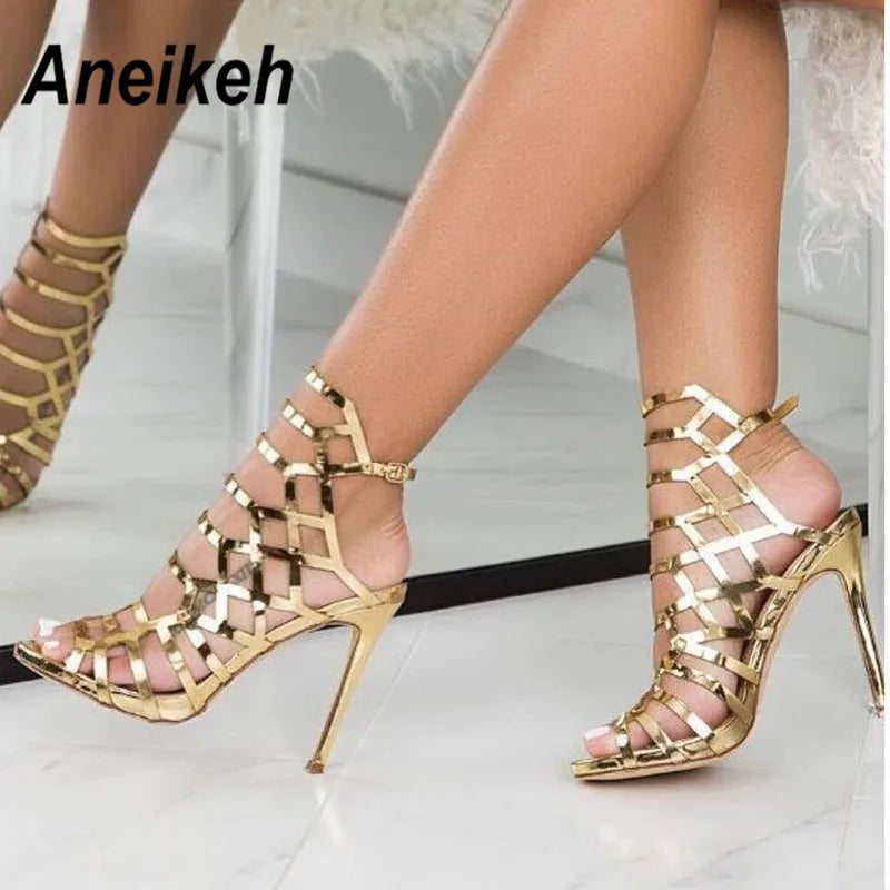 Aneikeh Patent Leather Gladiator Golden Sexy Hollow Out Sandals Party Shoes