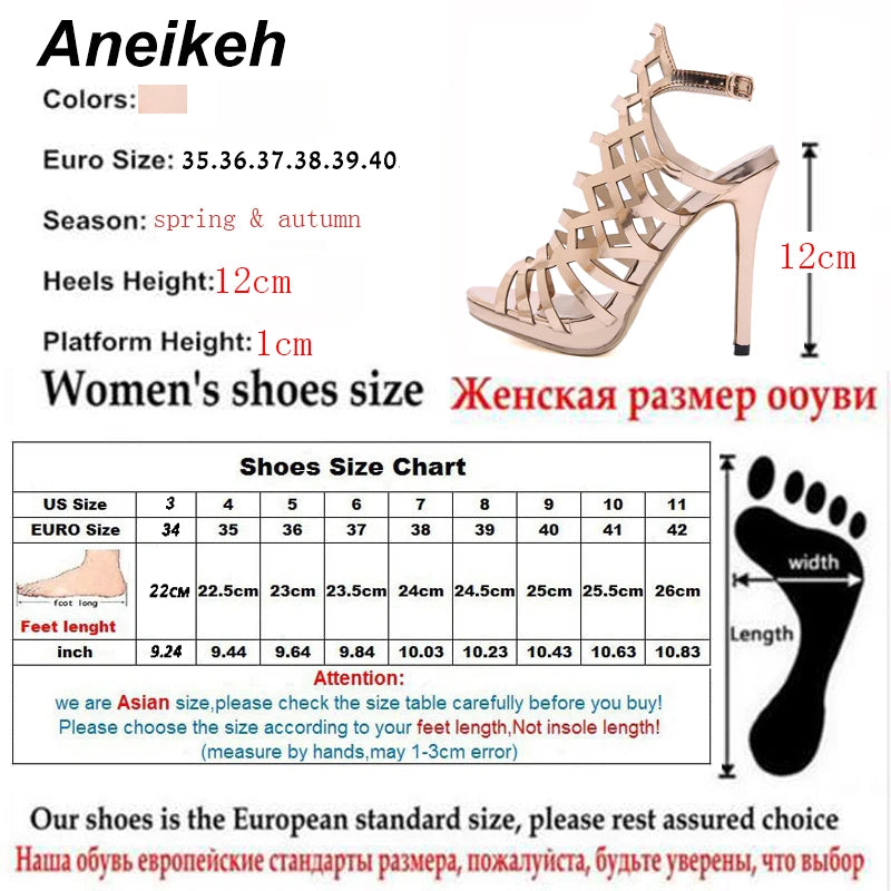 Aneikeh Patent Leather Gladiator Golden Sexy Hollow Out Sandals Party Shoes