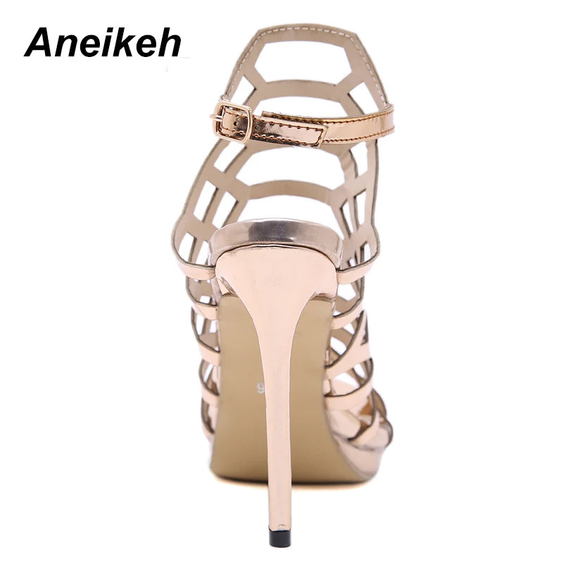 Aneikeh Patent Leather Gladiator Golden Sexy Hollow Out Sandals Party Shoes